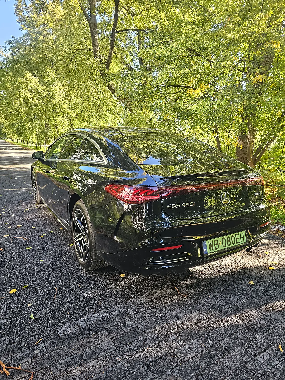 Czarny Mercedes EQS 450 4MATIC, widok z tyłu